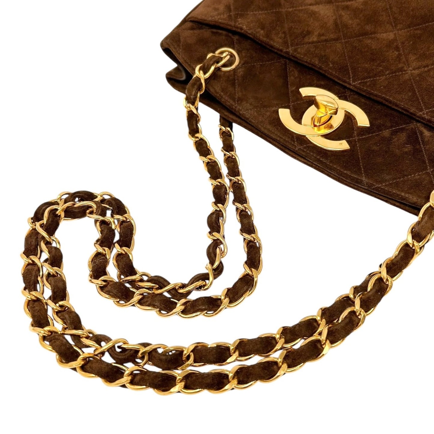 CHANEL Vintage CC Logo Matelasse Chain Shoulder Bag Turnlock Brown Gold Suede