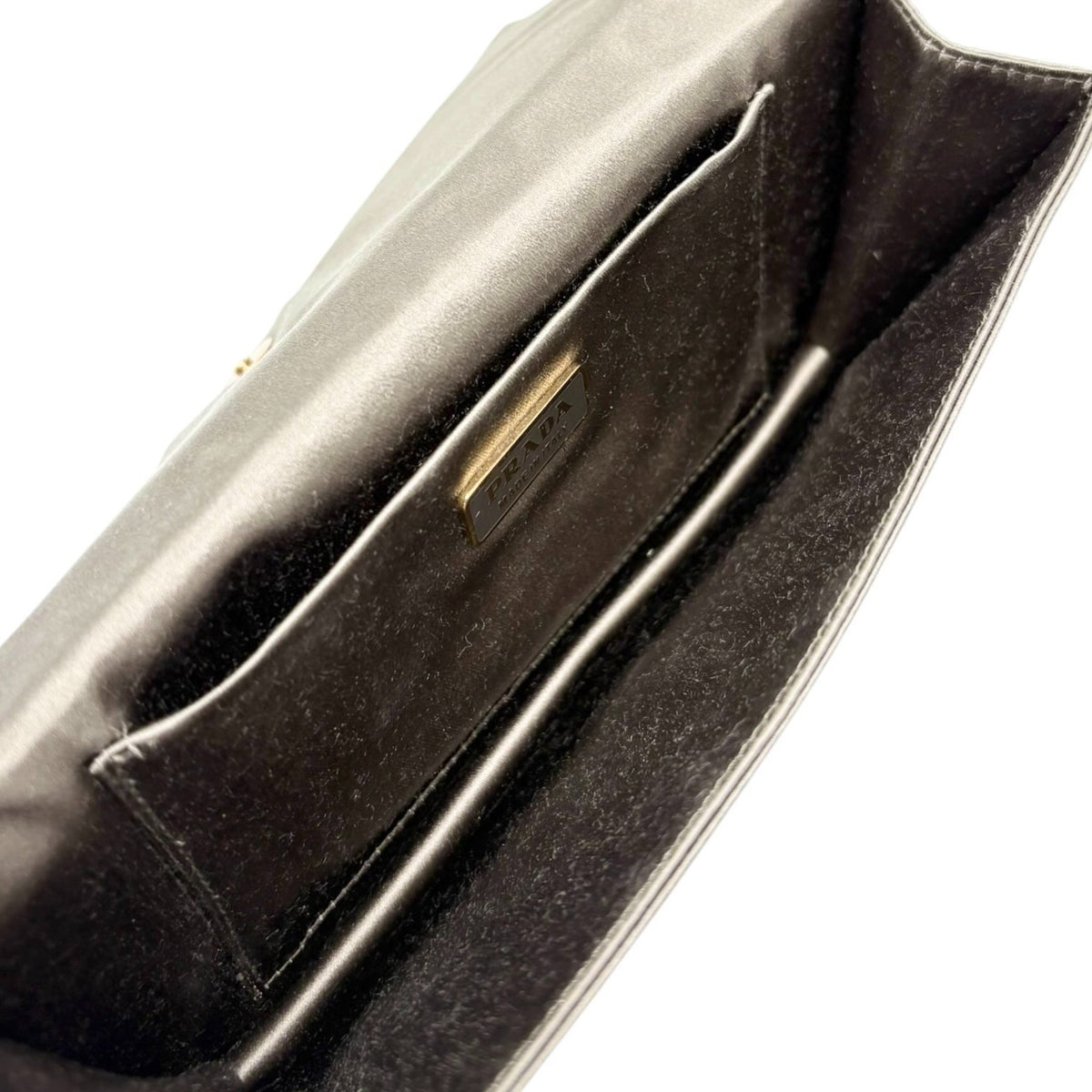 PRADA Vintage Logo Pochette Mini Hand Clutch Bag Satin Silver Gold 902499