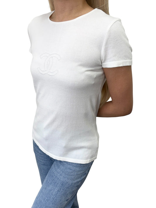 CHANEL Vintage 05C CC Logo Knit T-shirt Top #38 White Short Sleeve 902424
