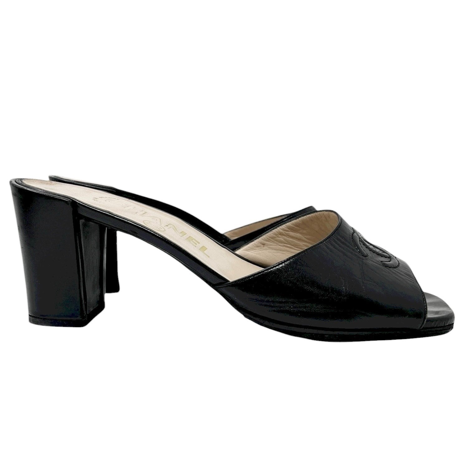 CHANEL Vintage CC Mark Logo Sandals #36 Heels Block Black Beige Leather