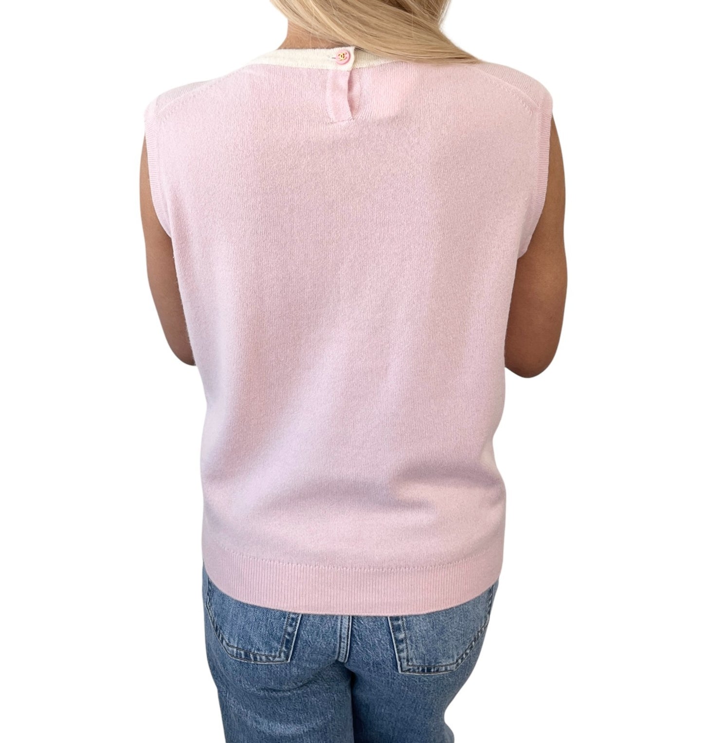 CHANEL Vintage 96C CC Logo Button Cashmere Knit Tank Top #38 Pink Cream