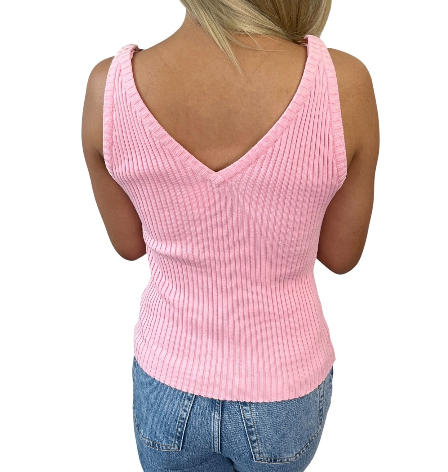 CHANEL Vintage 01C CC Logo Rib Knit Tank Top #38 Pink Gold Ring Cotton Rank AB