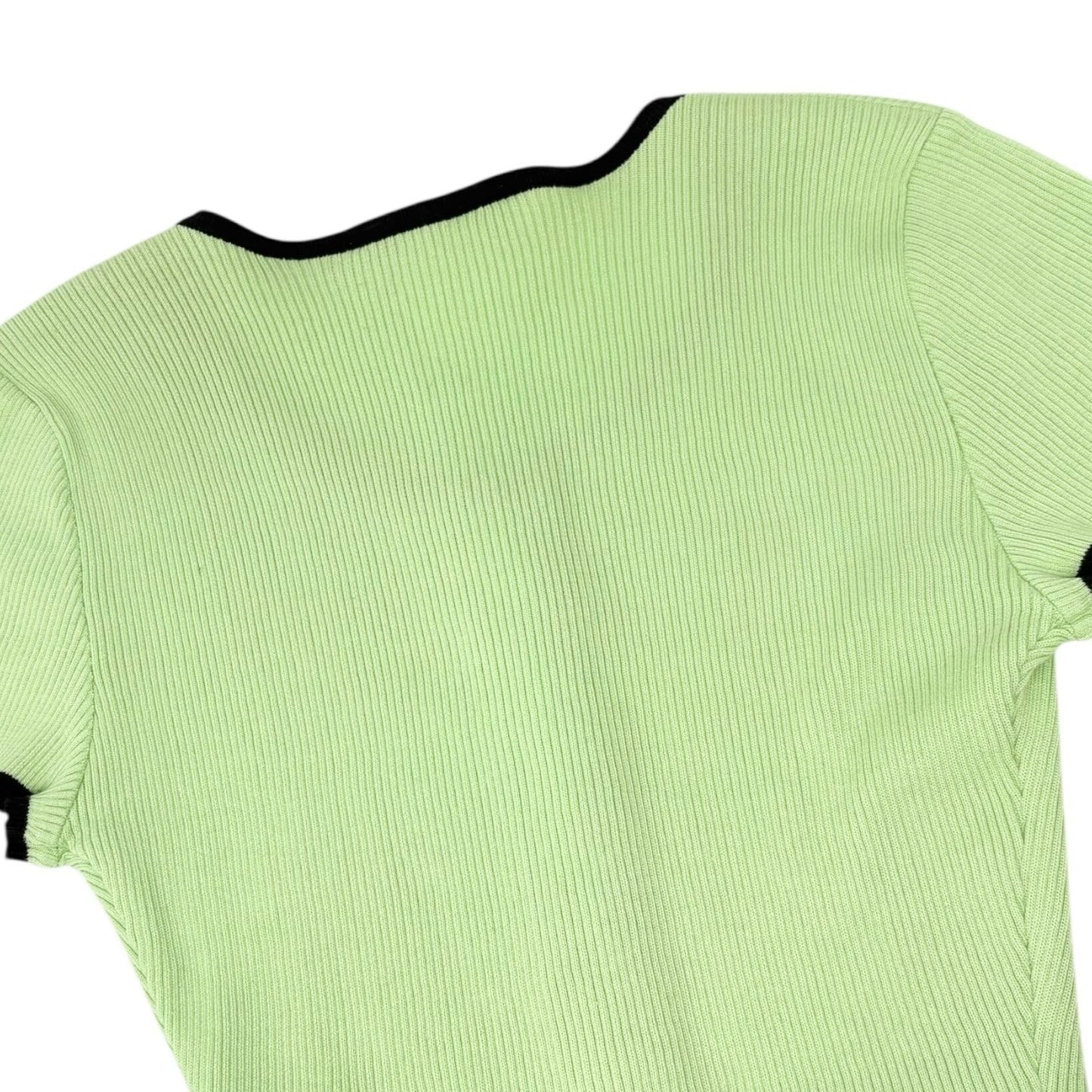 CHANEL Vintage 95P CC Logo Button Knit Cropped Ribbed T-shirt #38 Green Cotton
