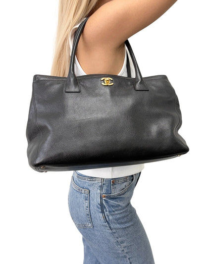 CHANEL CC Turnlock Executive Tote Shoulder Bag Black Gold Leather 902459