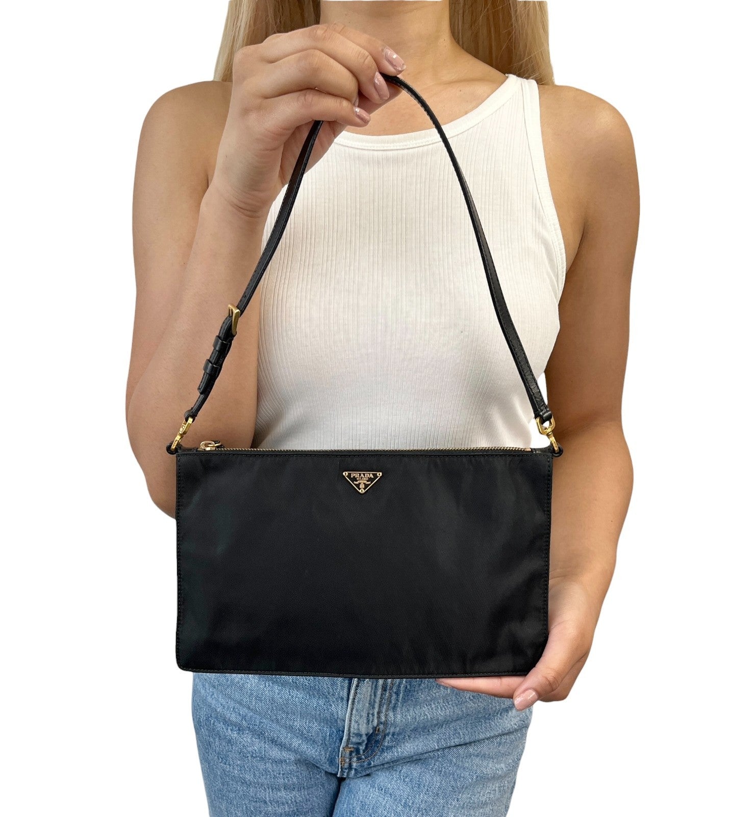 PRADA Vintage Triangle Logo Tessuto Nylon Mini Shoulder Bag Black Gold Leather