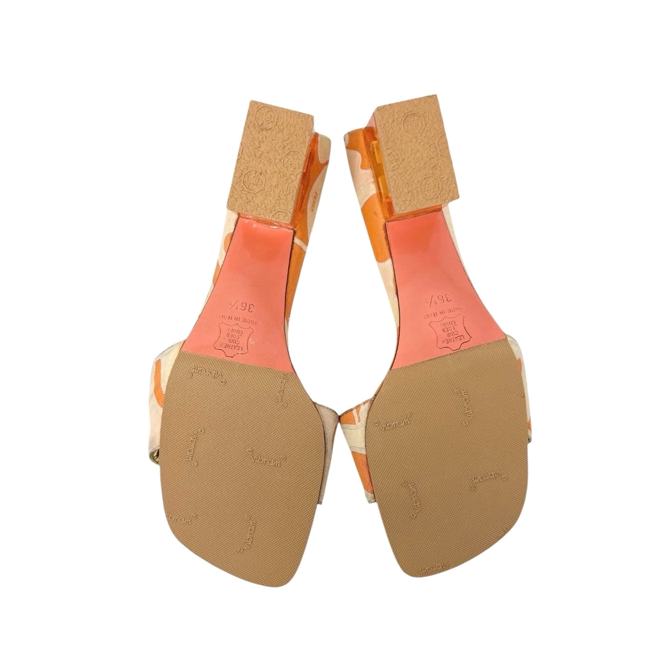 FENDI Vintage FF Logo Sandals Block Heels #36.5 Orange Gold Canvas Leather