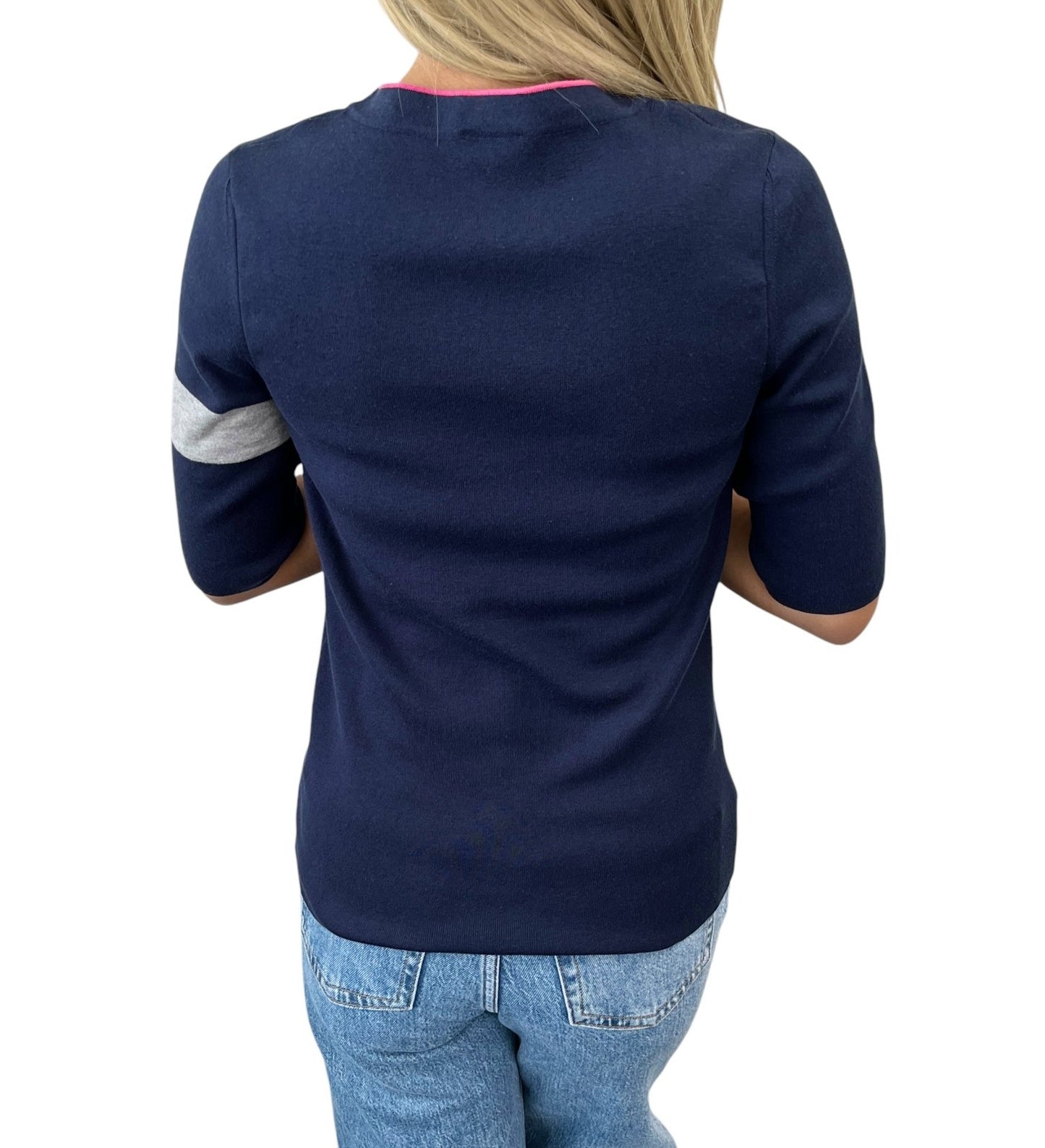 CHANEL Vintage 08P CC Logo Cashmere Knit Top #46 Dark Blue Pink Gray 902453