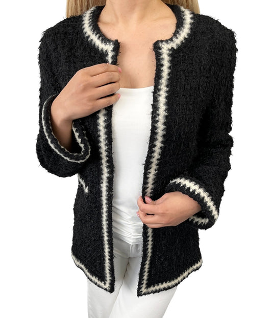 CHANEL Vintage 98A Tweed Jacket Top CC Logo Button #36 Black White Polyester