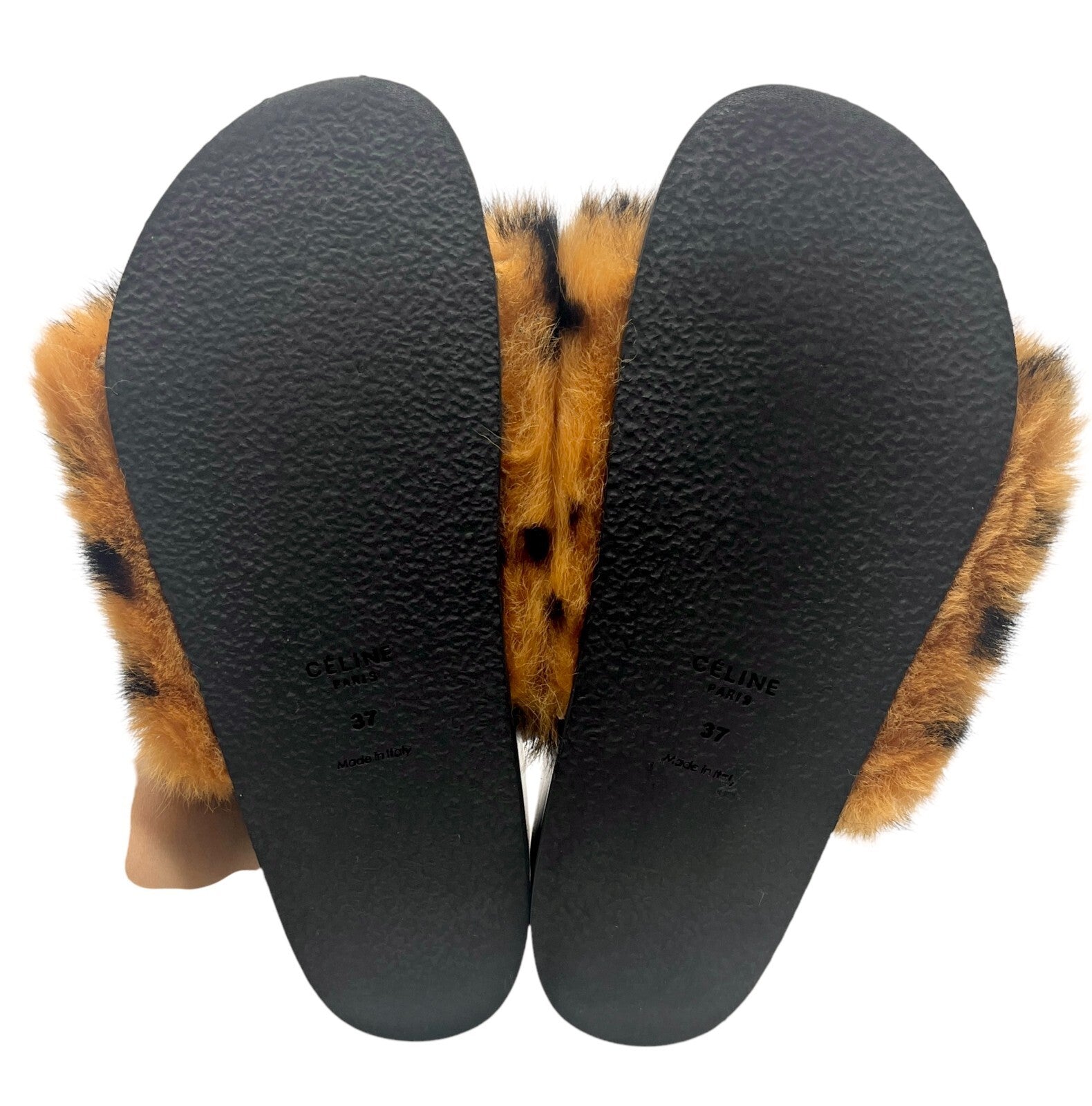 CELINE Vintage Logo Animal Print Faux Fur Sandals #37-37.5 Black Orange