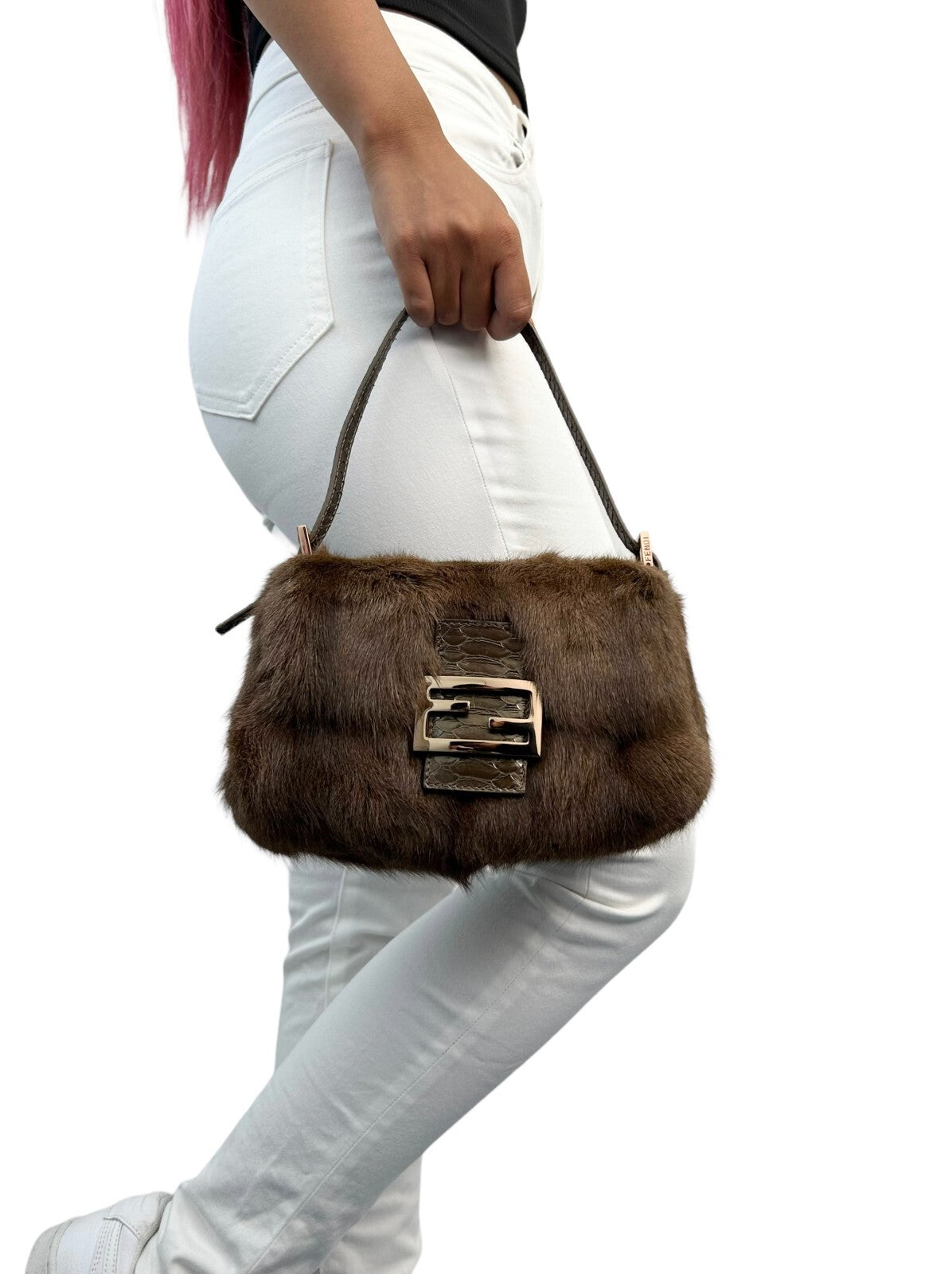 FENDI Vintage FF Logo Fur Mini Mamma Baguette Shoulder Bag Brown Gold Leather