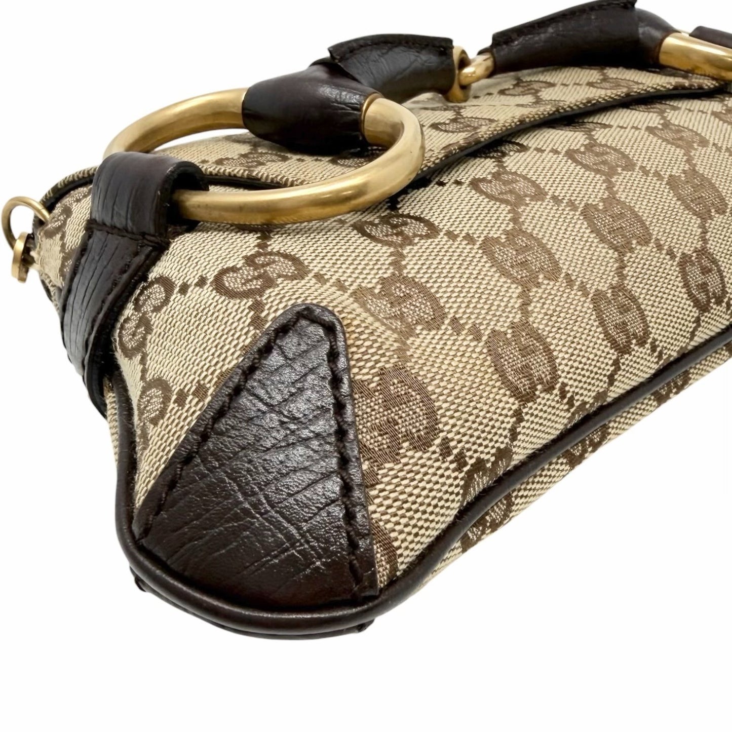 GUCCI Vintage GG Monogram Logo Horsebit Shoulder Bag Brown Gold Canvas 902099