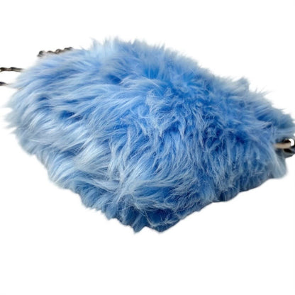 PRADA Vintage Logo Pelliccia Chain Shoulder Bag Mini Pouch Blue Faux Fur 902321