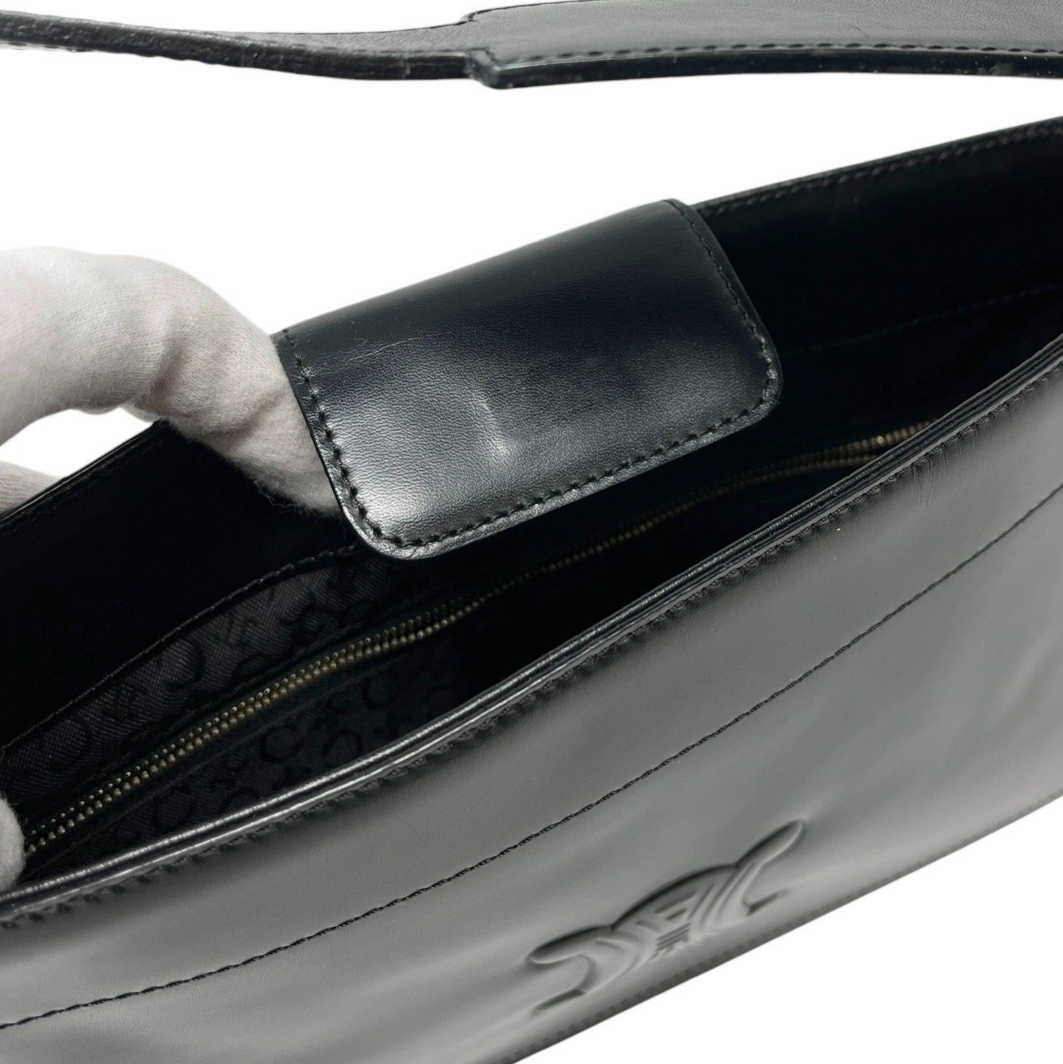 CELINE Vintage Macadam Logo Shoulder Bag Handbag Black Leather Gold Magnetic