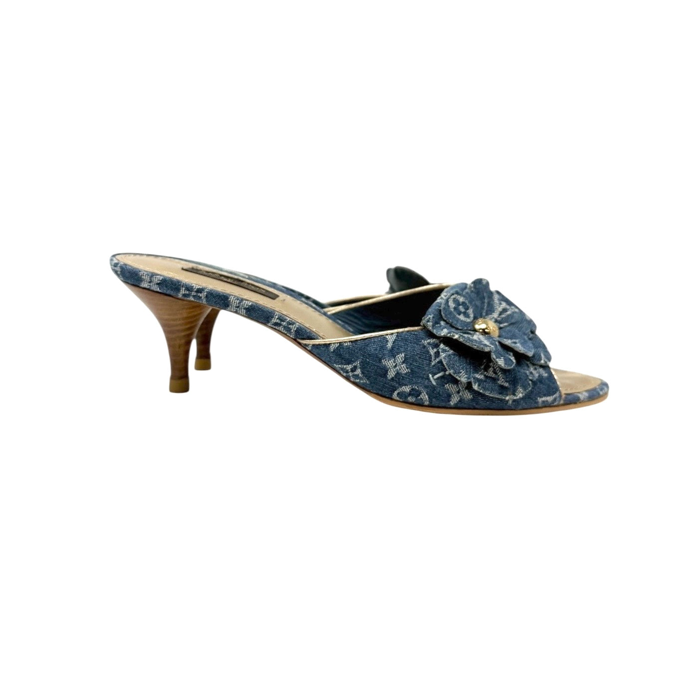 LOUIS VUITTON Vintage LV Monogram Denim Flower Heels Sandals #37 Blue Gold