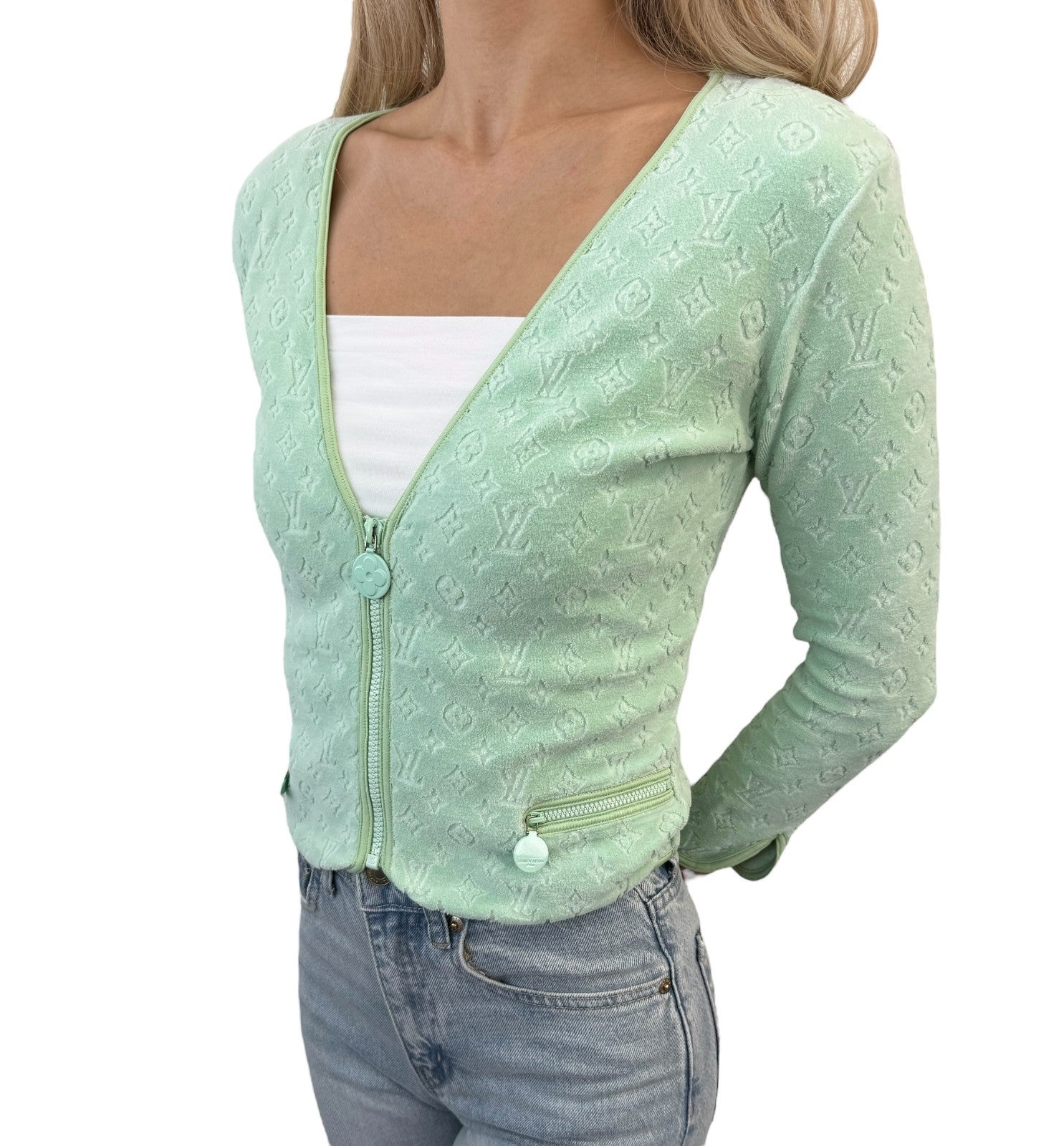 LOUIS VUITTON Vintage LV Monogram Zipped Jacket #40 Light Green Cotton Velour