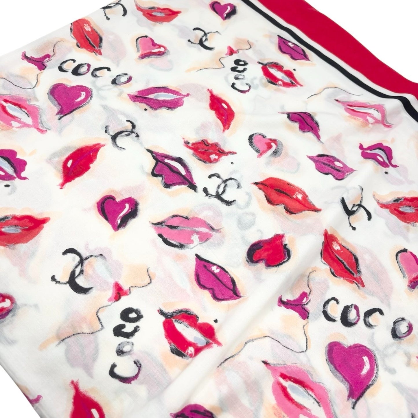 CHANEL Vintage CC Logo Lip Big Scarf Wrap Pareo White Multicolor Cotton