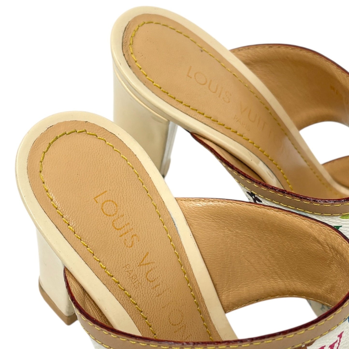 LOUIS VUITTON Vintage Monogram Multicolor Heels Sandals #37.5 White Murakami