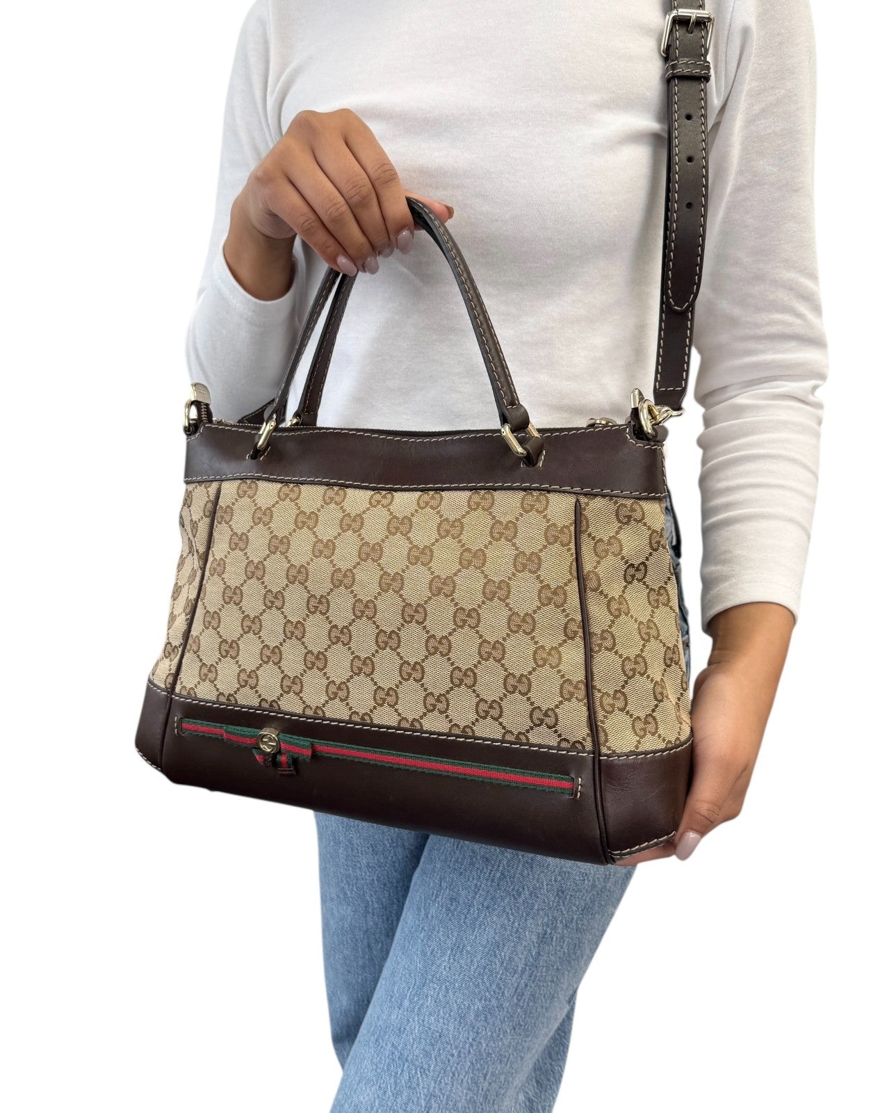 GUCCI Vintage GG Monogram Web Stripe 2way Shoulder Bag Beige Brown Ribbon