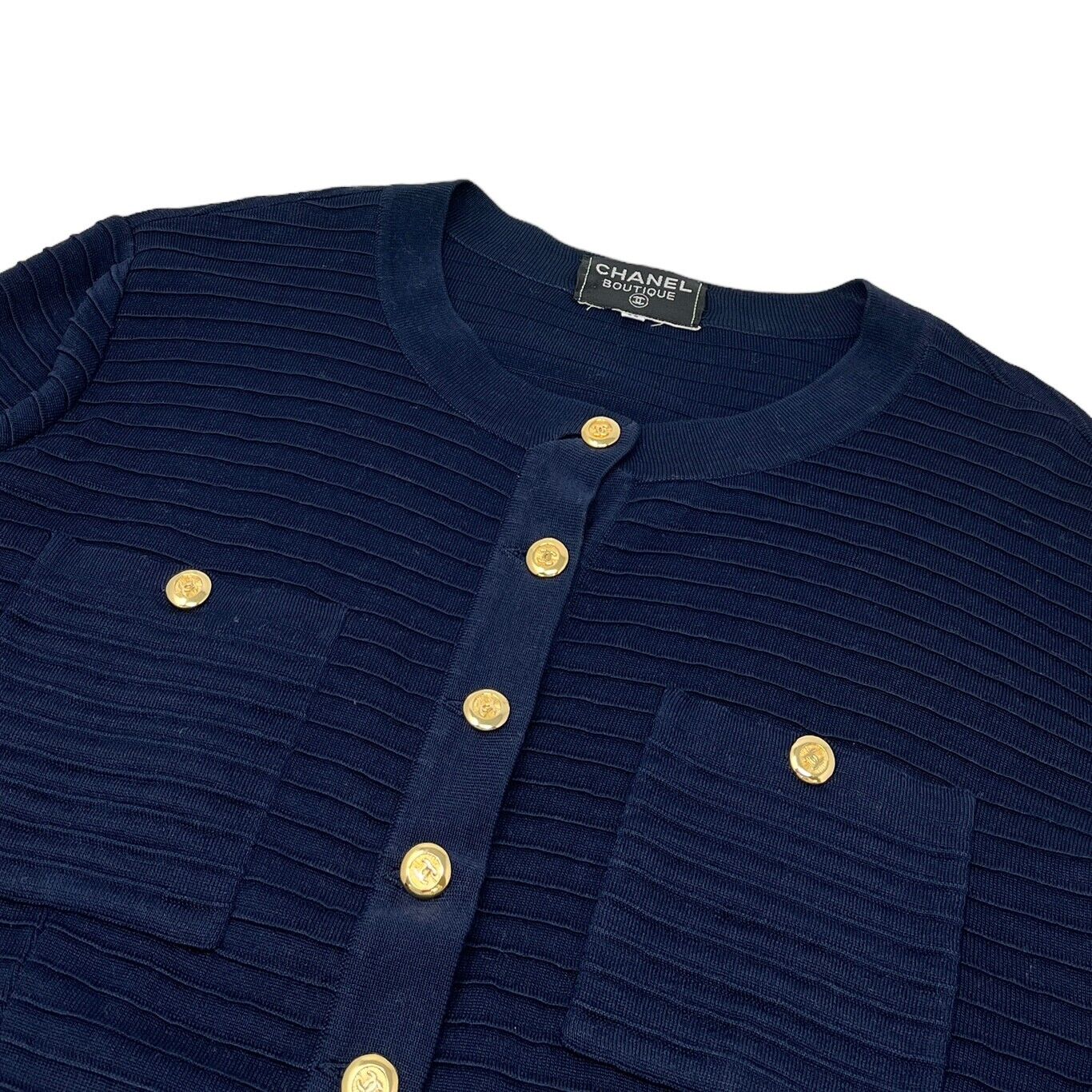 CHANEL Vintage CC Mark Gold Button Cardigan Top #38 Dark Blue Cotton Rank AB