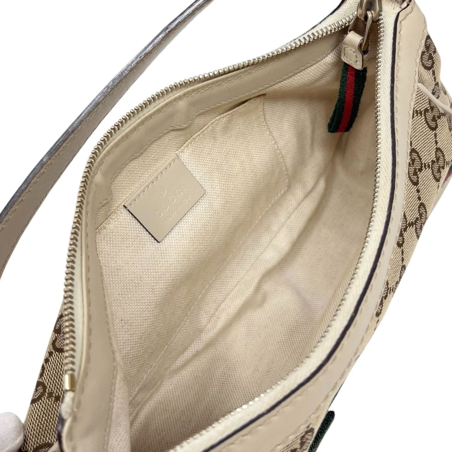 GUCCI Vintage GG Monogram Web Stripe Canvas Shoulder Bag Beige Ribbon 902290