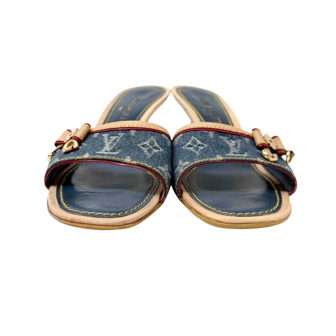 LOUIS VUITTON Vintage LV Monogram Denim Sandals #36 Blue Beige Leather
