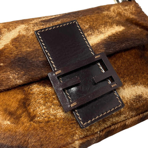 FENDI Vintage Calf Hair Mamma Baguette Shoulder Bag Brown Beige Leather