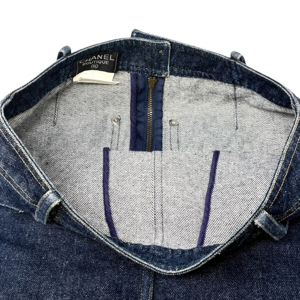 CHANEL Vintage 96P CC Mark Logo Denim Skirt #36 Dark Blue Yellow Cotton