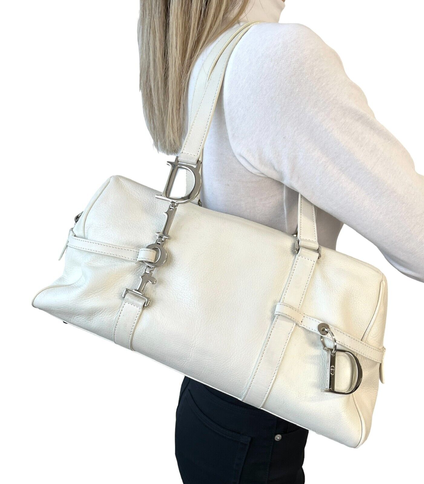 Christian Dior Vintage Logo Charm Shoulder Bag Zip White Silver Leather RankAB