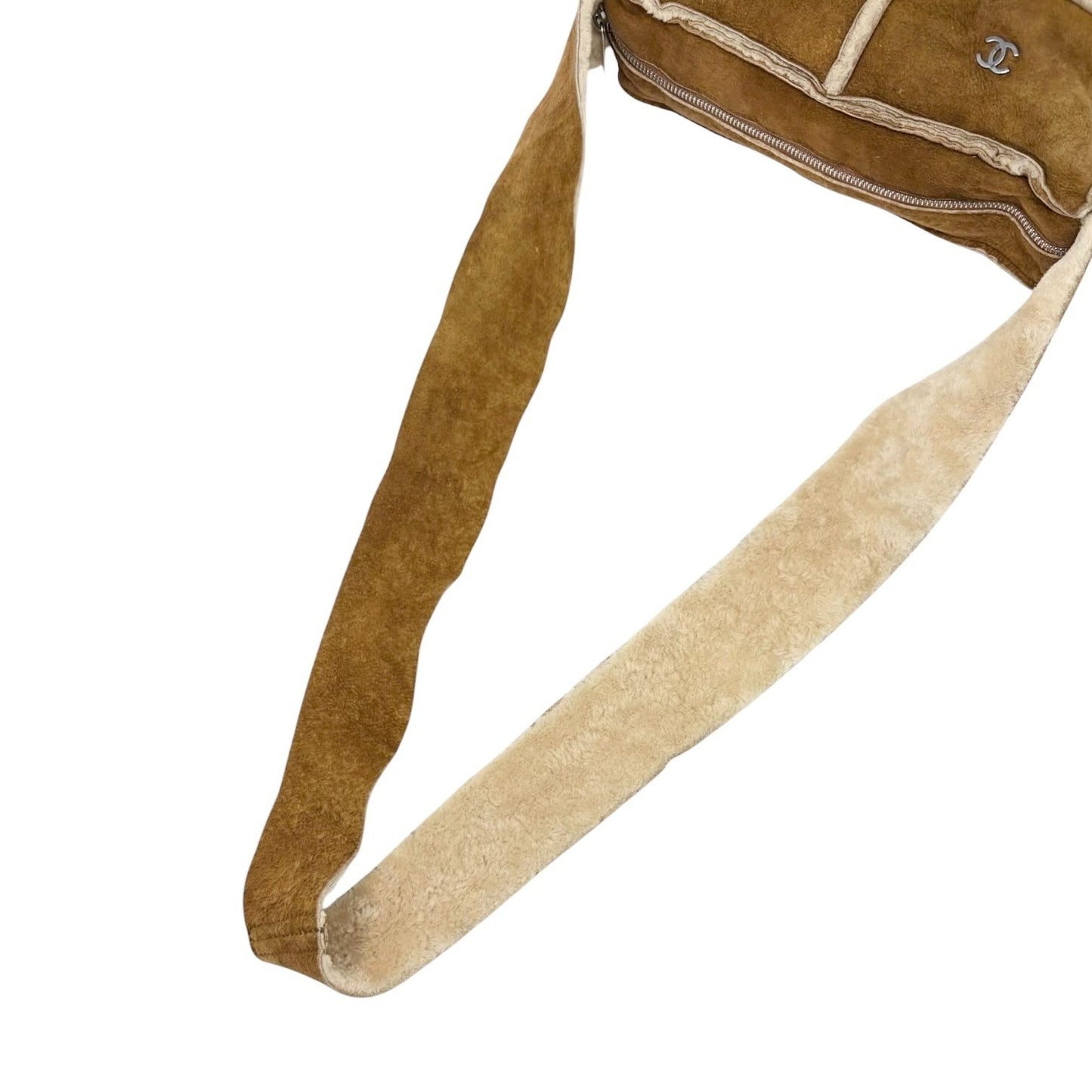 CHANEL Vintage CC Logo Shearling Crossbody Bag Brown Cream Mouton Suede Boa