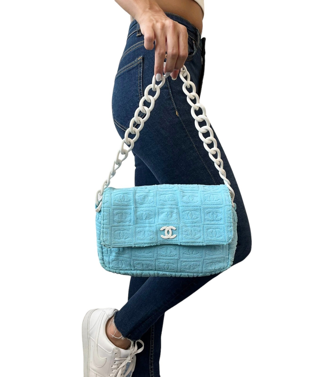 CHANEL Vintage CC Logo Terry Cloth Chain Shoulder Bag Blue White 901828