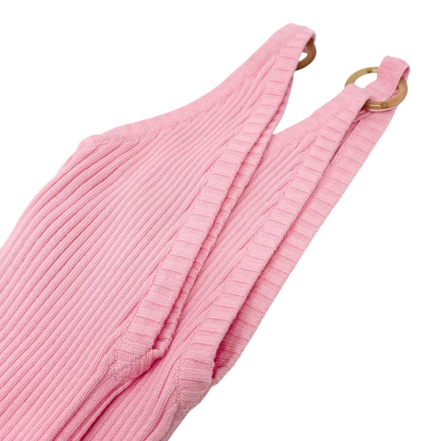 CHANEL Vintage 01C CC Logo Knit Rib Tank Top #42 Gold Rings Pink Cotton