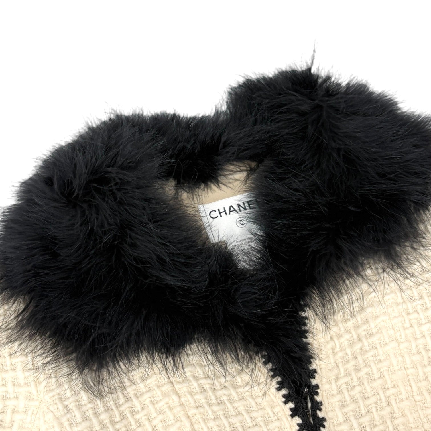 CHANEL Vintage 00A CC Logo Tweed Long Coat Fur Jacket #38 Zip Cream Black Wool