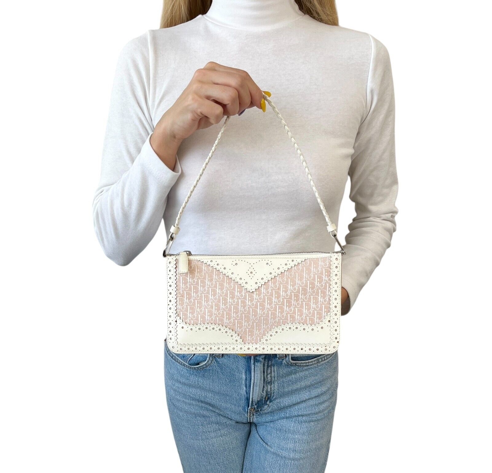 Christian Dior Vintage Trotter Monogram Logo Shoulder Bag Pink White Leather Zip