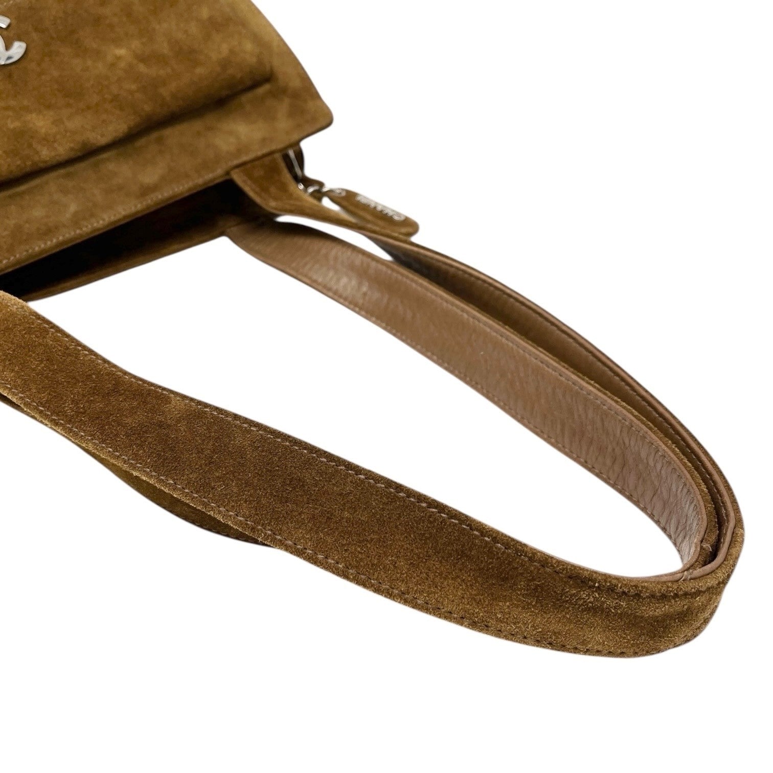 CHANEL Vintage CC Mark Logo Turnlock Tote Shoulder Bag Brown Silver Suede