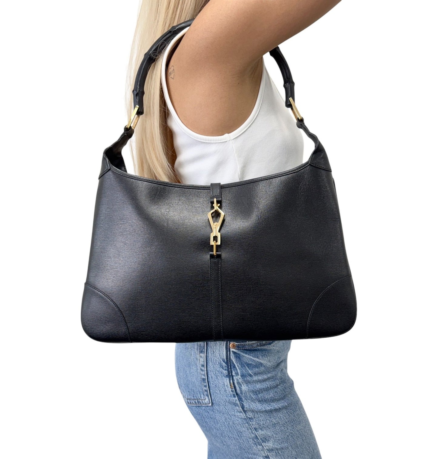 GUCCI Vintage Bamboo Jackie Hobo Shoulder Bag Black Gold Leather 902435