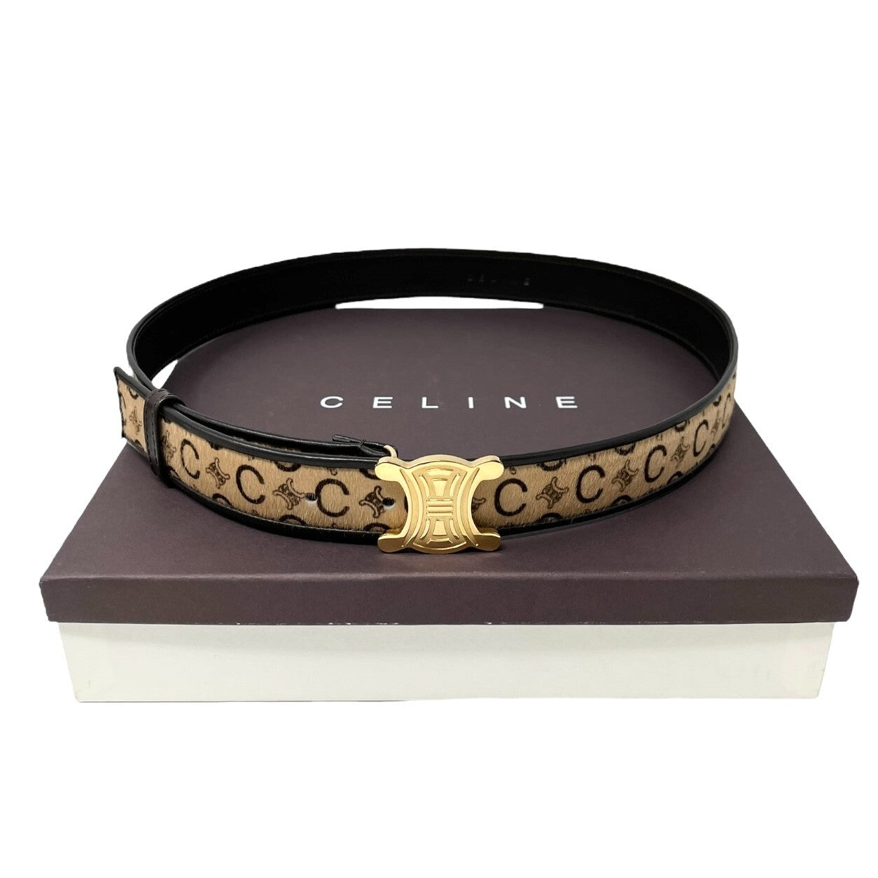CELINE Vintage Macadam Logo Belt #32/80 Fashion Accessory Brown Gold Calf Hair