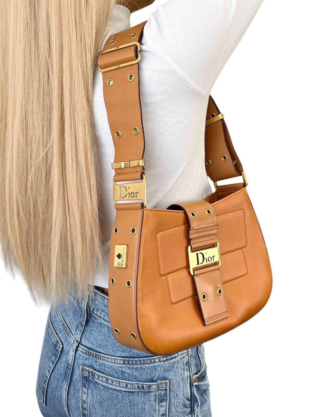 Christian Dior Vintage Logo Street Chic Shoulder Bag Brown Gold Leather