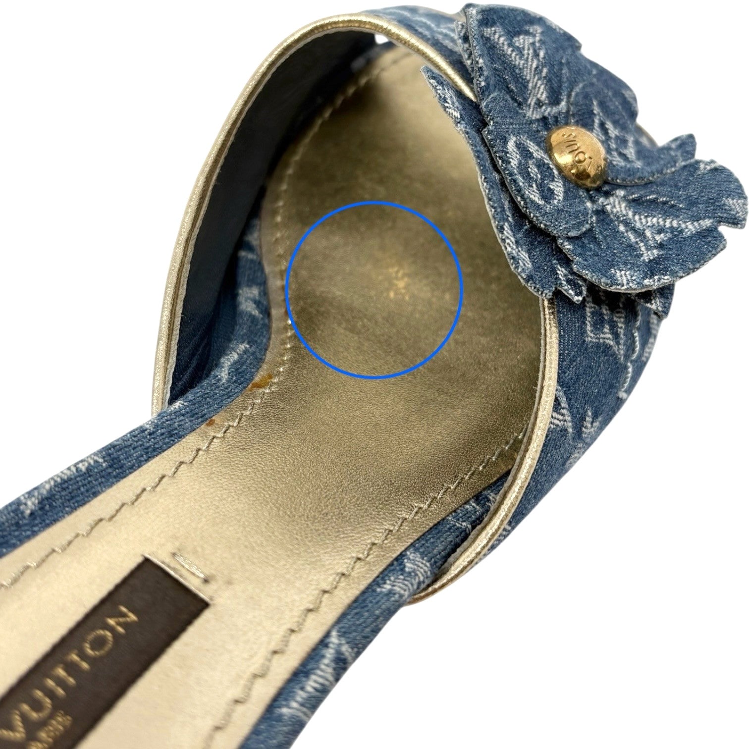 LOUIS VUITTON Vintage Monogram Denim Heels Sandals #36.5 Blue Gold Corsage