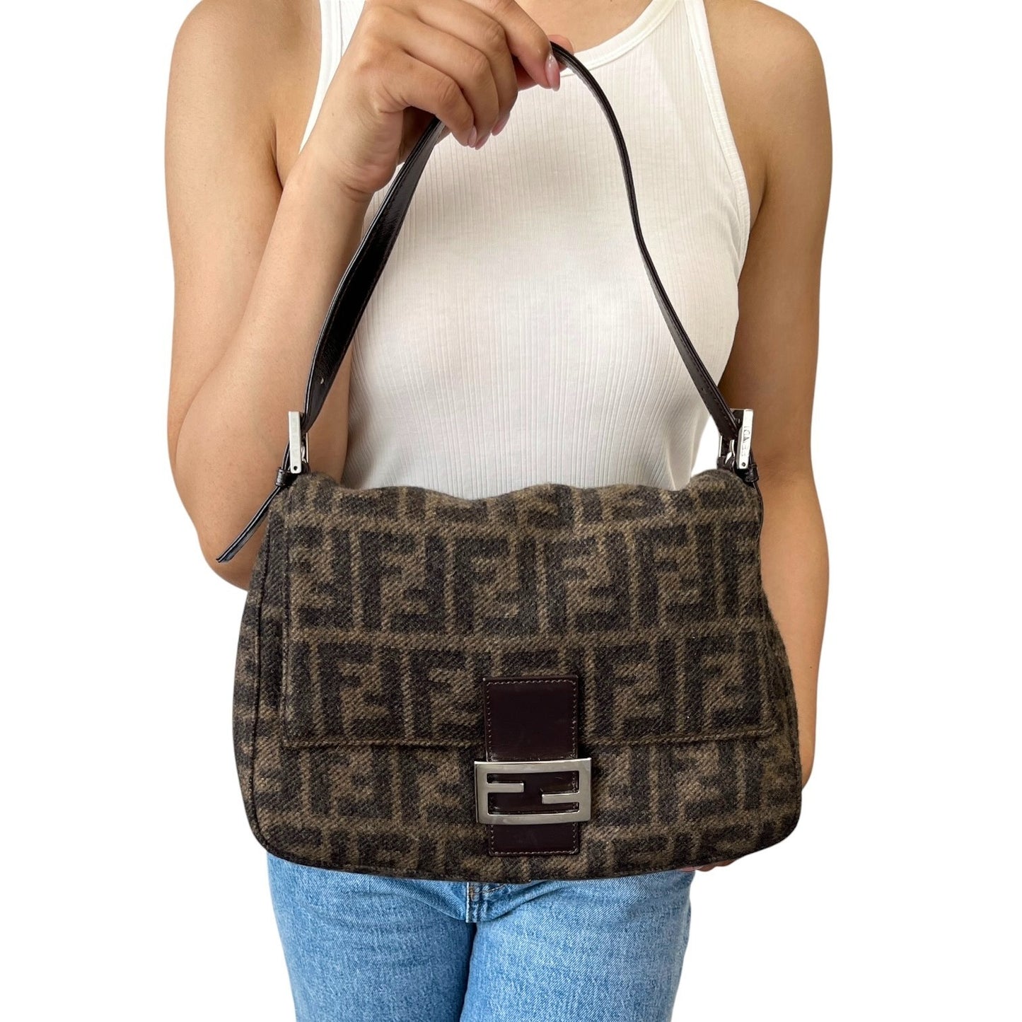 FENDI Vintage FF Zucca Cashmere Mamma Baguette Shoulder Bag Brown 902093