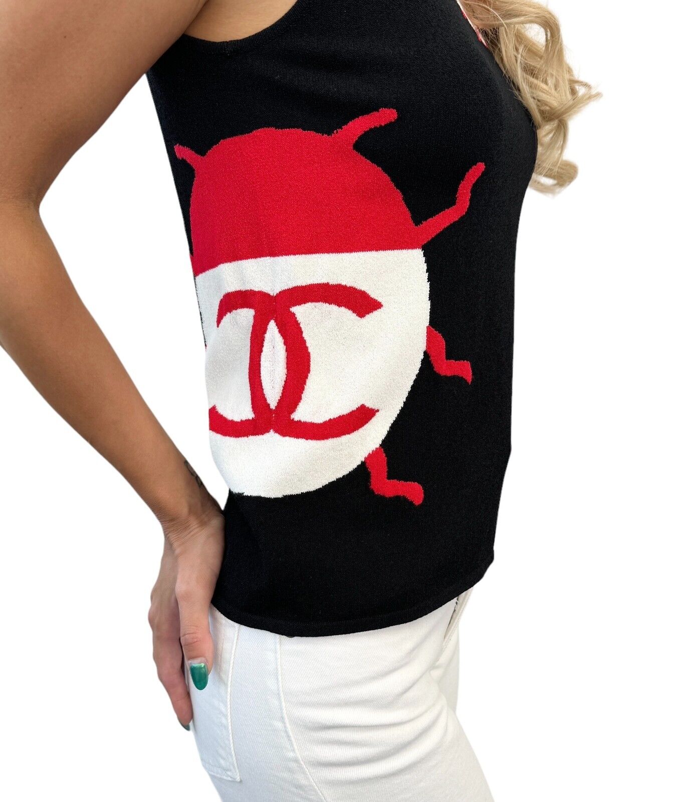 CHANEL Vintage 04P CC Mark Logo Ladybugs Knit Tank Top Black White Cotton
