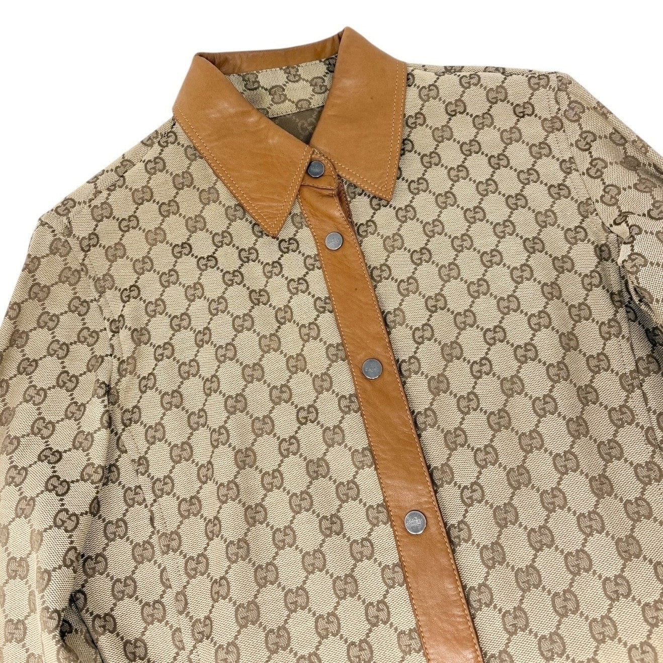 GUCCI Vintage GG Monogram Logo Shirt Jacket Top #38 Beige Brown Canvas Leather