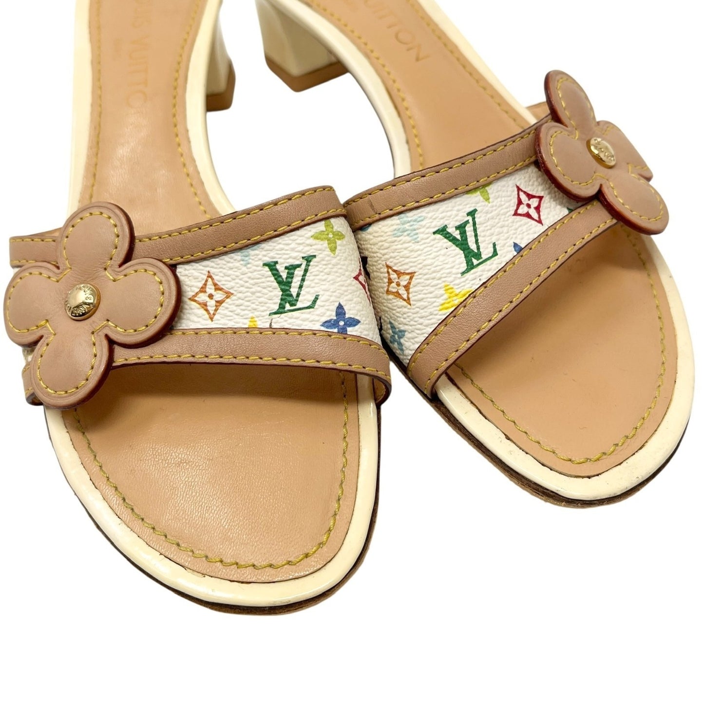 LOUIS VUITTON Vintage LV Multicolor Monogram Sandals Heels #36.5 White Beige