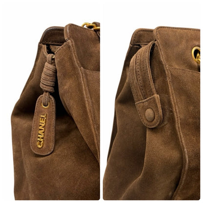 CHANEL Vintage Stitch CC Logo Suede Chain Tote Shoulder Bag Brown 902376
