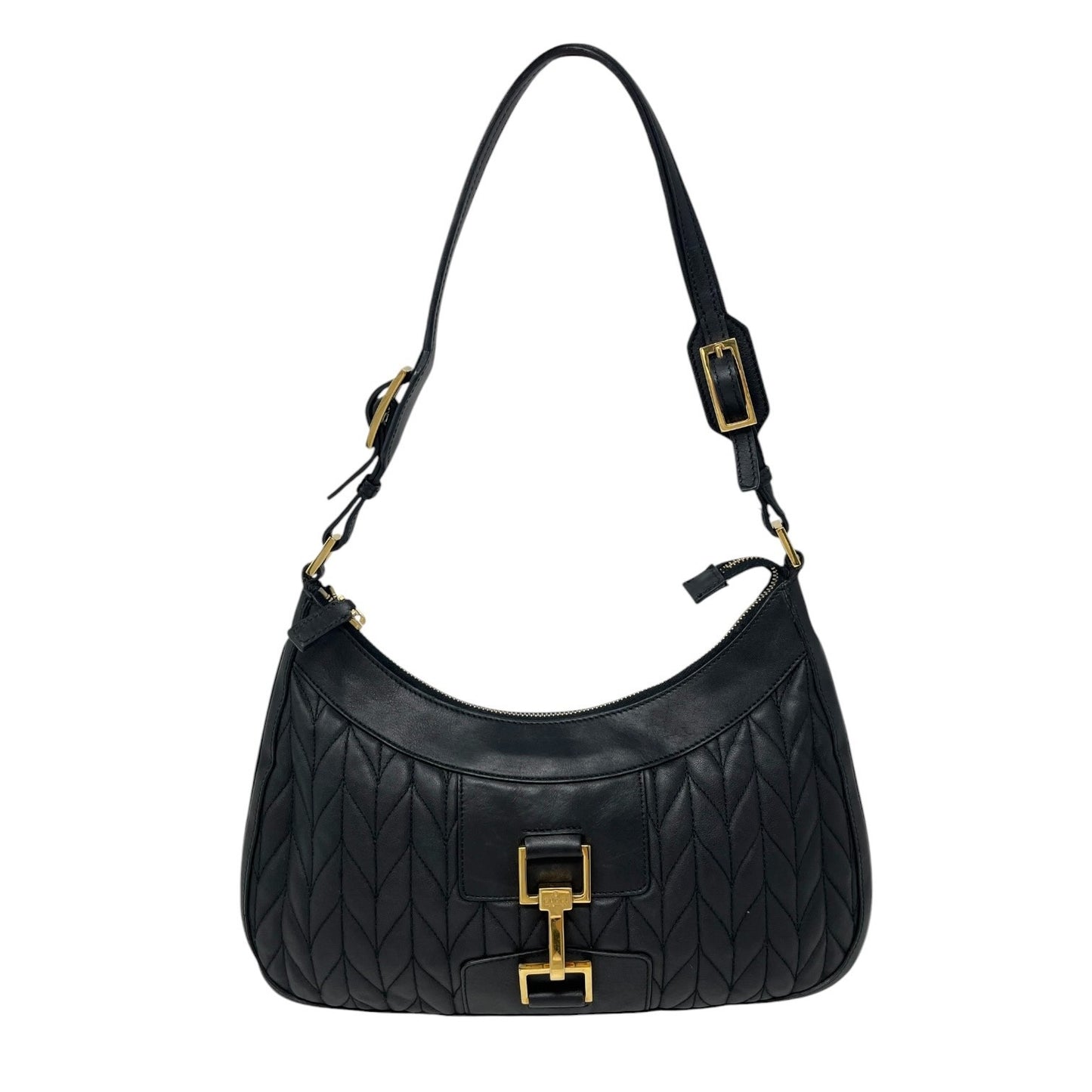 GUCCI Vintage Logo Quilted Hobo Shoulder Bag Black Gold Leather Zip 106546