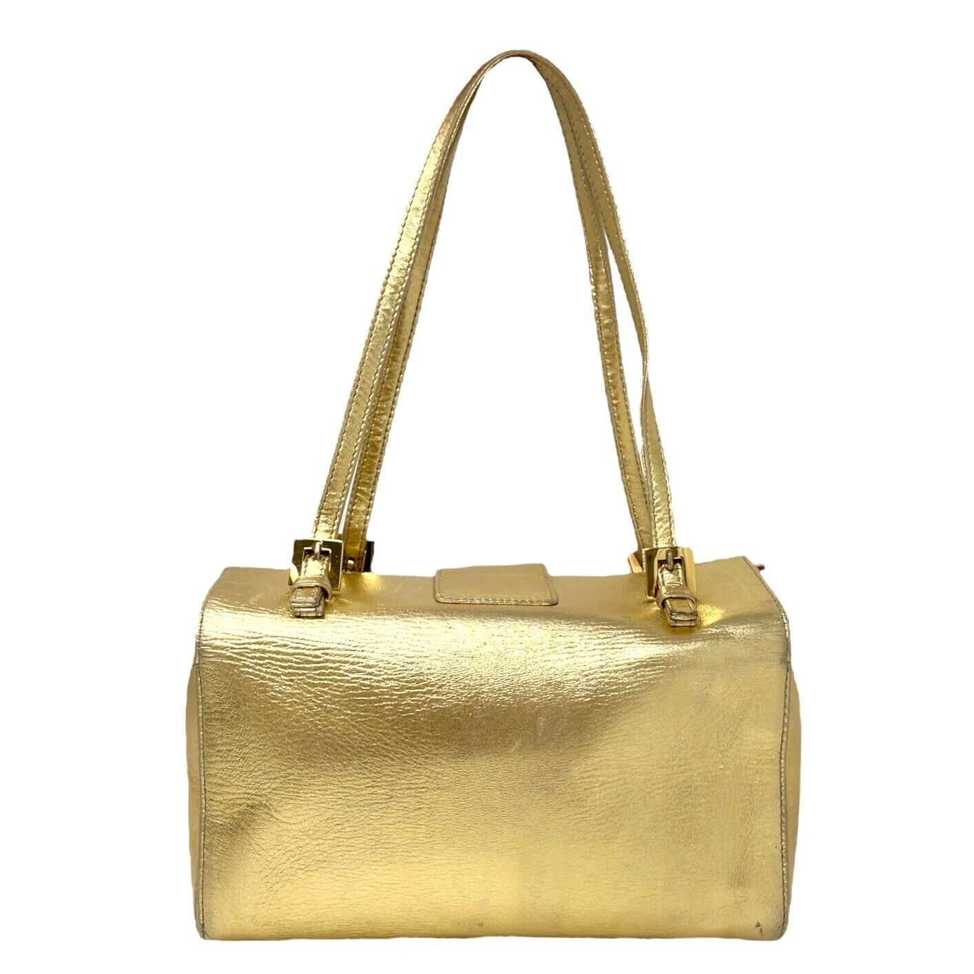 FENDI Vintage FF Logo Bijou Vanity Box Baguette Mini Bag Gold Leather Rank AB