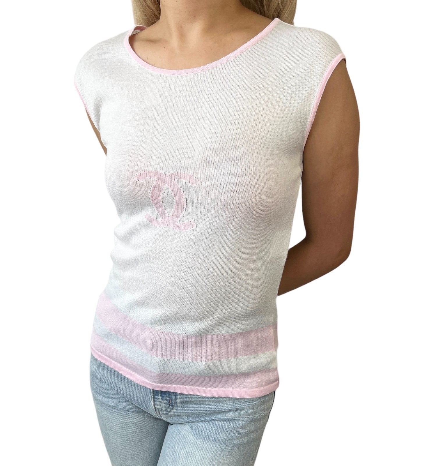 CHANEL Vintage 00S CC Mark Logo Sleeveless Top Tank Knit Cotton White Pink
