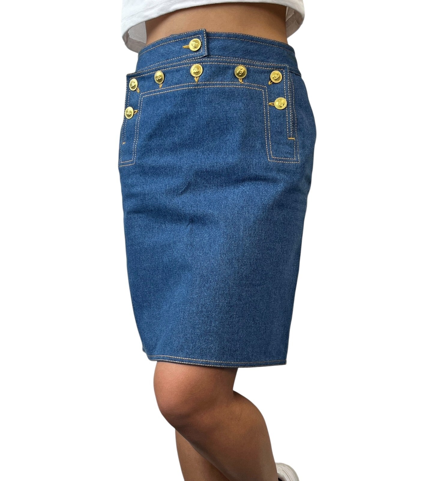 CHANEL Vintage P03207 CC Mark Logo Denim Skirt #36 Blue Gold Cotton Button