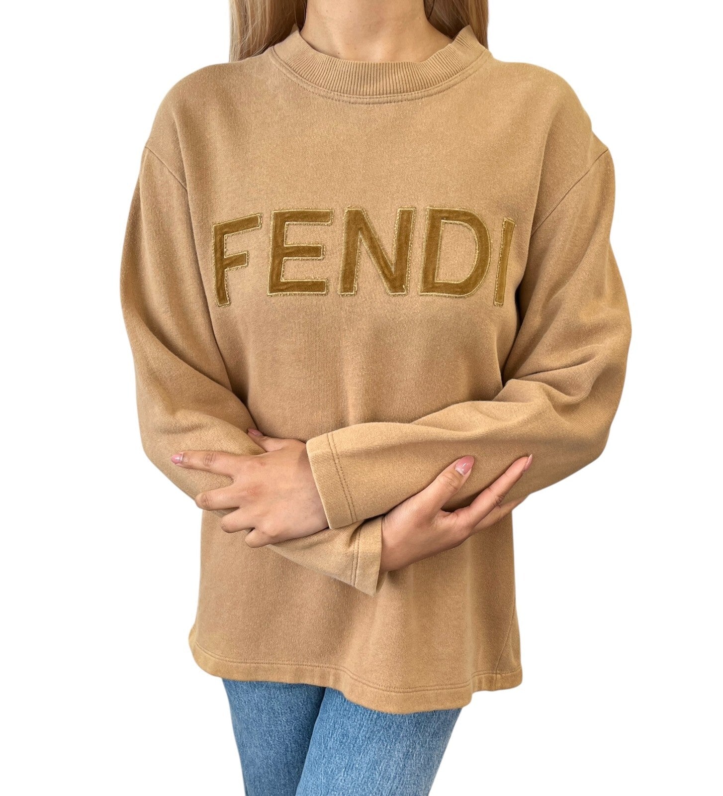 FENDI Vintage Big Logo Sweatshirt Top #38 Brown Cotton Velvet Long Sleeve