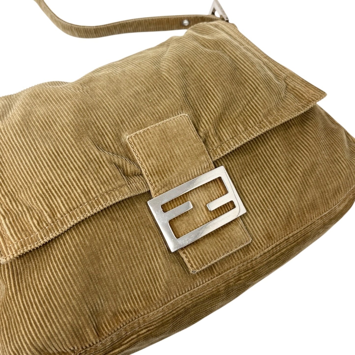FENDI Vintage FF Logo Corduroy Mamma Baguette Shoulder Bag Light Brown Silver