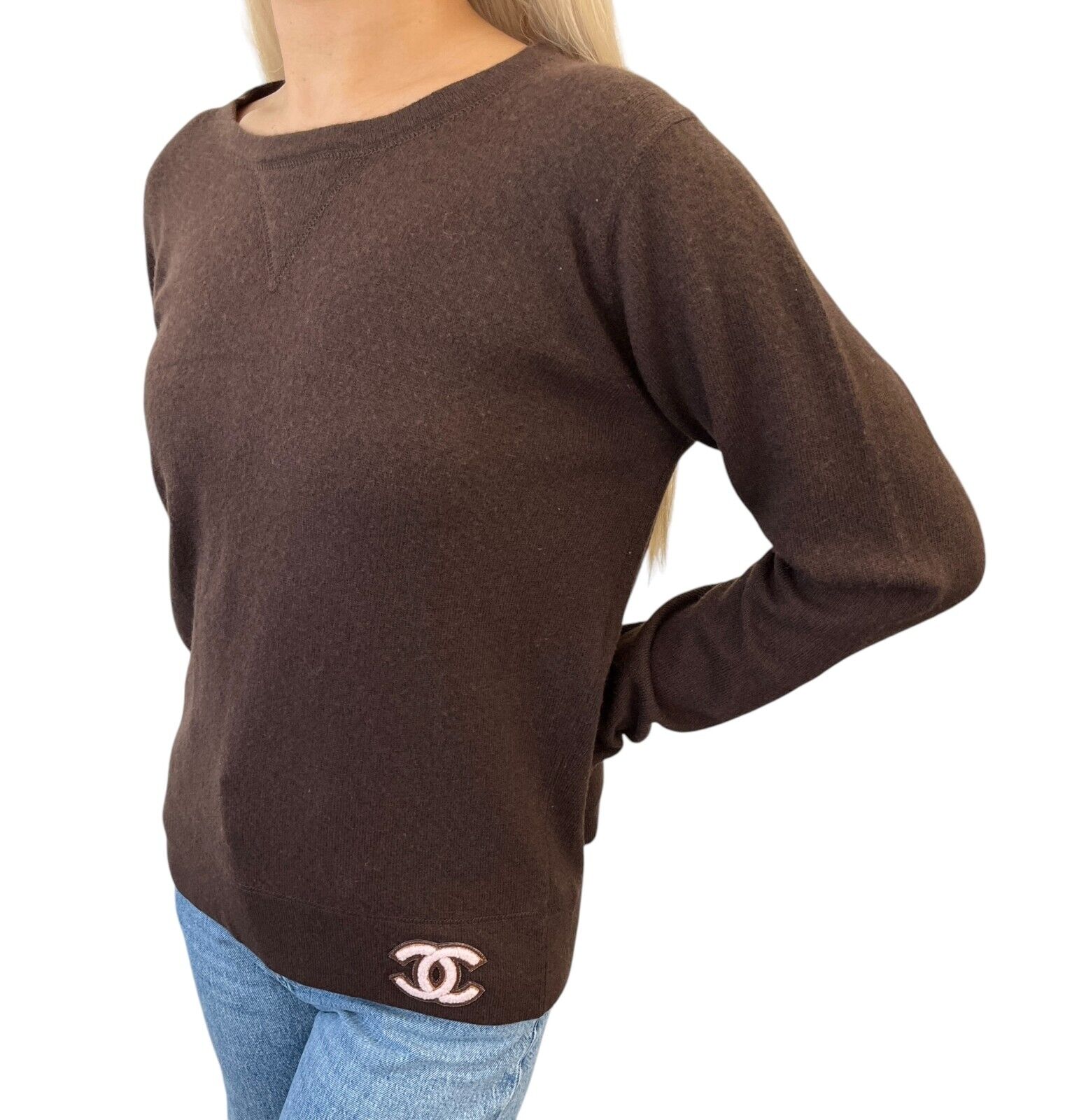CHANEL Vintage 01A CC Mark Logo Knit Sweater Top #42 Brown Pink Cashmere
